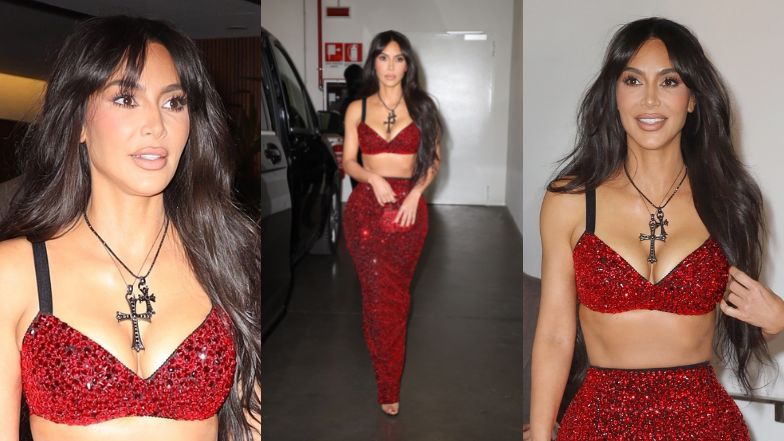 Kim Kardashian z odkrytym brzuchem eksponuje smukłą talię w czerwonej kreacji na pokazie Dolce&Gabbana (ZDJĘCIA)