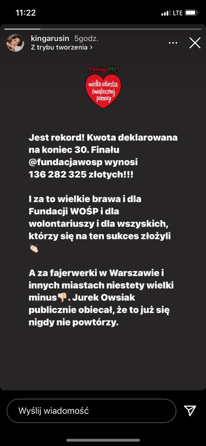 Kinga Rusin skrytykowała fajerwerki na finale WOŚP 