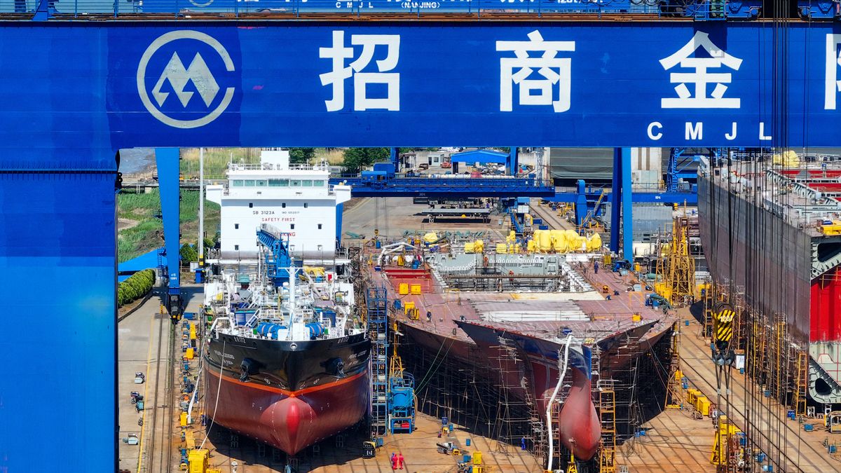 Workers fill orders for ships mainly exported overseas at China Merchants Industrial Group's Jinling shipyard in Nanjing, Jiangsu province, China, on April 14, 2025. On the same day, the General Administration of Customs issues the first quarter report on foreign trade, stating that the total value of China's goods trade import and export in the first quarter of 2025 is 10.3 trillion yuan, an increase of 1.3%. Among them, the export is 6.13 trillion yuan, a year-on-year growth of 6.9%. (Photo by Costfoto/NurPhoto via Getty Images)