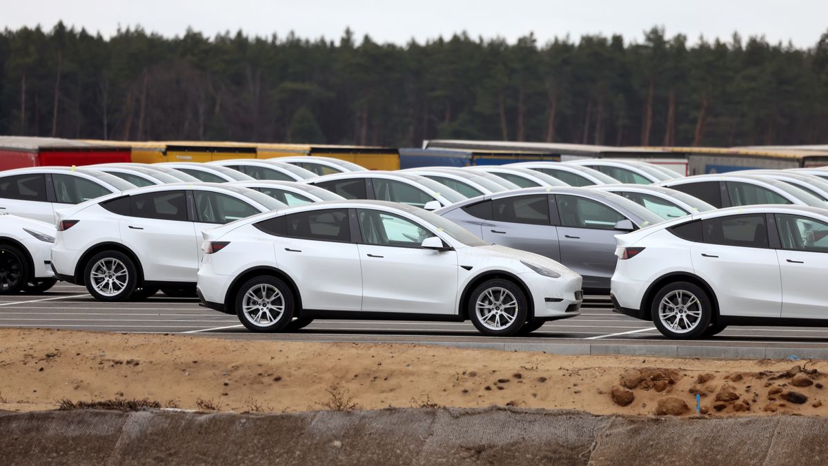 Tesla Model Y electric vehicles in a lot at the Tesla Inc. Gigafactory in Gruenheide, Germany, on Saturday, Jan. 21, 2023. Tesla CEO Elon Musk played down how much impact his tweets have on the company's stock price as he defended himself at a trial in San Francisco federal court on Friday over his 2018 tweet about taking the electric car-maker private. Photographer: Liesa Johannssen/Bloomberg via Getty Images