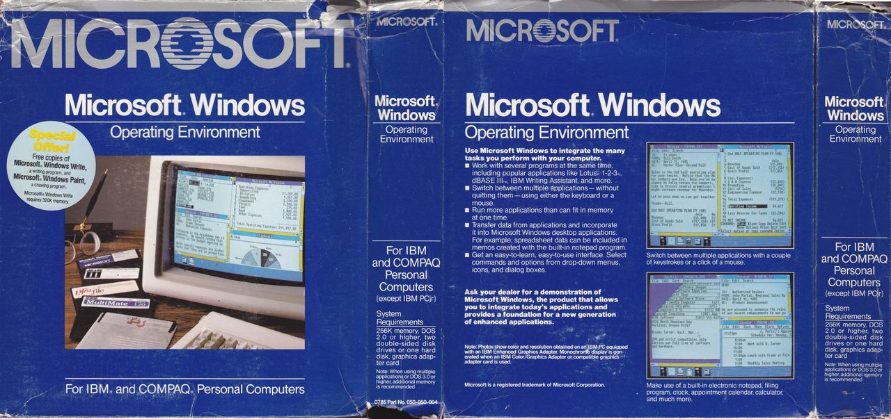 Tak wyglądały pudełka ze środowiskiem operacyjnym Windows 1.0 (źródło: winhistory.de)