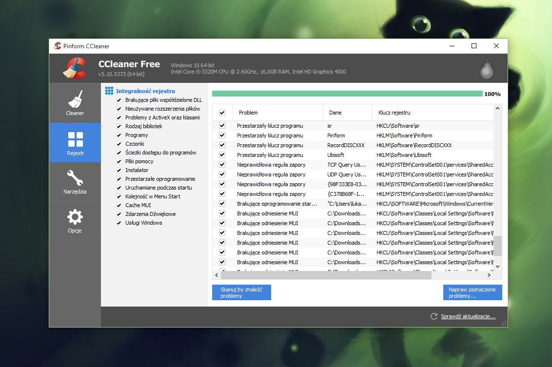 CCleaner nie jest agresywny, a rejestr wciąż zawiera wiele śmieci