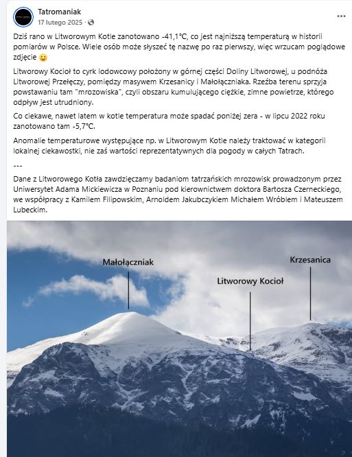 Rekordowo niska temperatura w Litworowym Kotle