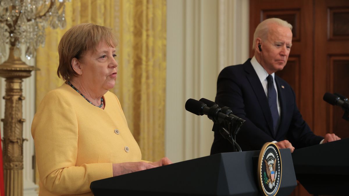 WASHINGTON, DC - JULY 15: German Chancellor Angela Merkel and U.S. President Joe Biden hold a joint news conference in the East Room of the White House on July 15, 2021 in Washington, DC. During what is likely her last official visit to Washington, the leaders are expected to discuss their shared priorities on climate change and defense and Biden is expected to voice his concerns about the Nord Stream 2 Russian natural gas pipeline. (Photo by Chip Somodevilla/Getty Images)