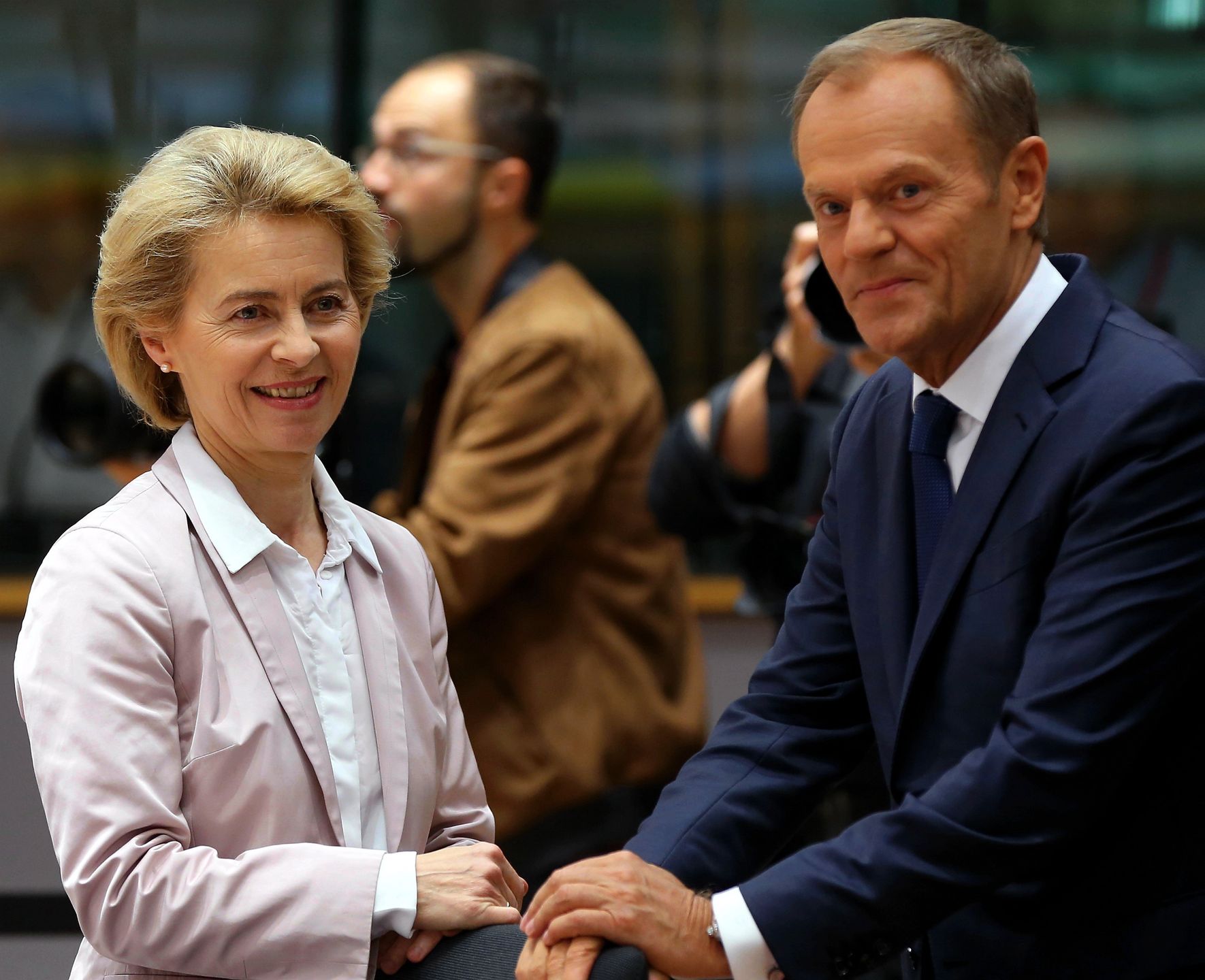 BRUSSELS, BELGIUM - OCTOBER 18 : President-elect of the European Commission Ursula von der Leyen  (L) and President of the European Council Donald Tusk (R) attend the day 2 of European Union Leaders Summit in Brussels, Belgium on October 18, 2019.  (Photo by Dursun Aydemir/Anadolu Agency via Getty Images)