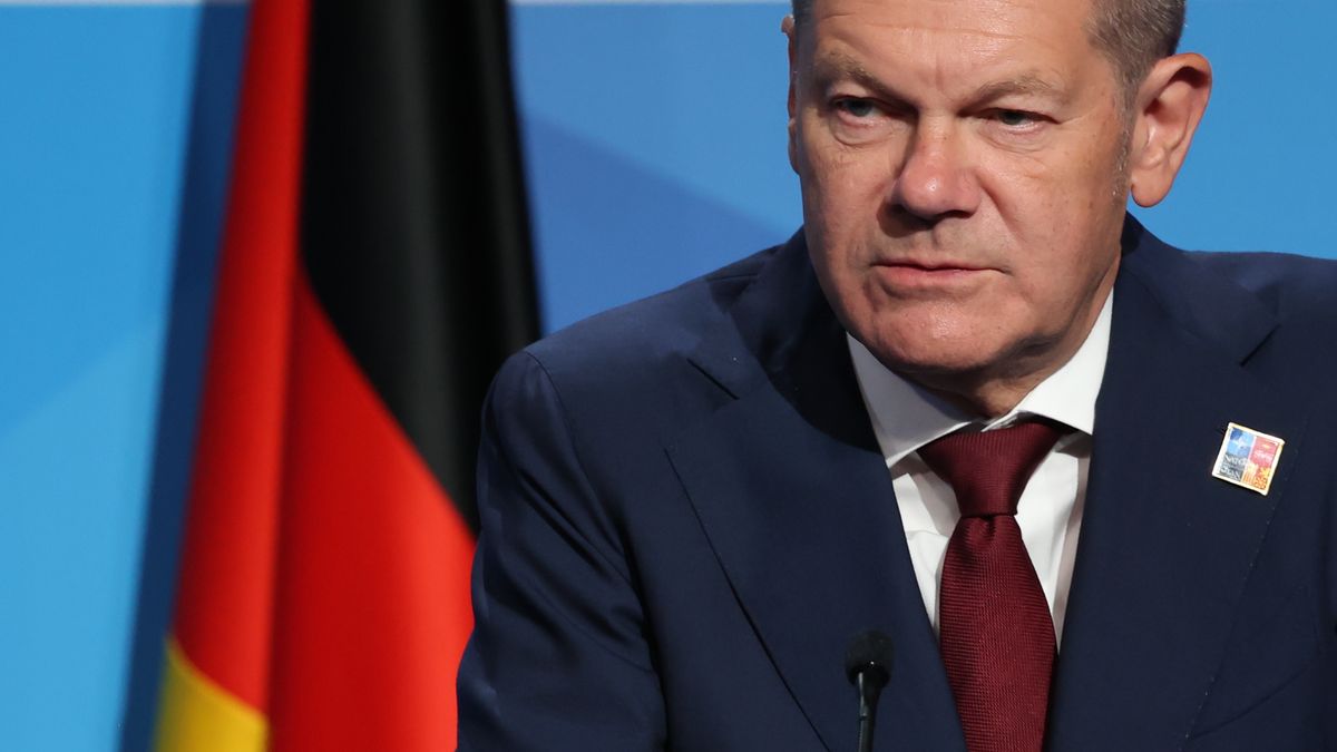 Chancellor of Germany Olaf Scholz during the press conference on the final day of the NATO Summit in Madrid, Spain on June 30, 2022. (Photo by Jakub Porzycki/NurPhoto via Getty Images)