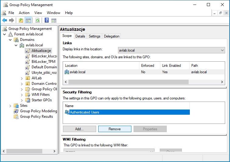 Security Filtering w edycji GPO.