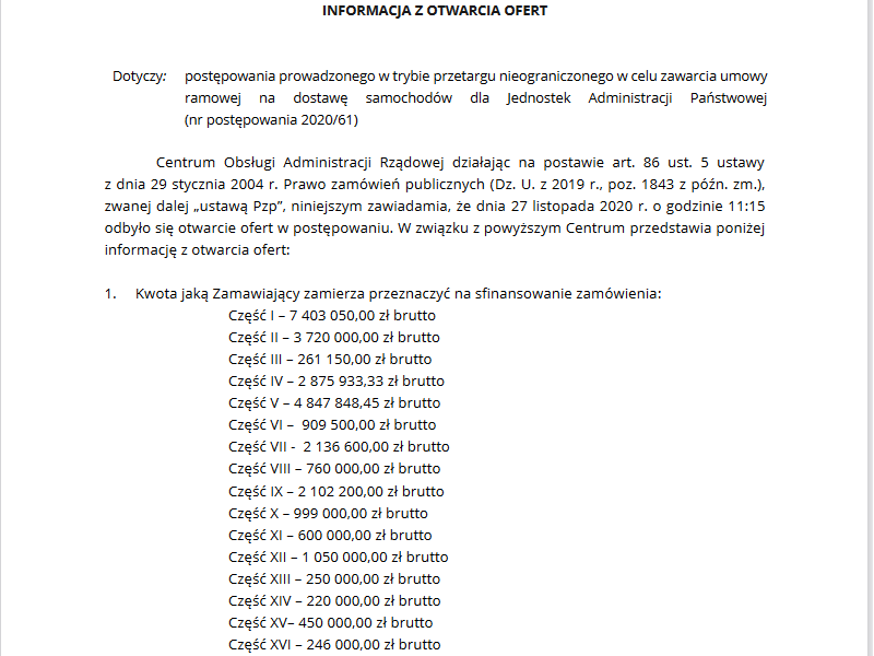 Informacja z otwarcia ofert