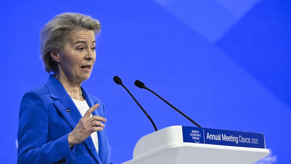 DAVOS, SWITZERLAND - JANUARY 21: European Commission President Ursula von der Leyen attends a session during the World Economic Forum (WEF) annual meeting in Davos, Switzerland on January 21, 2025. (Photo by Halil Sagirkaya/Anadolu via Getty Images)