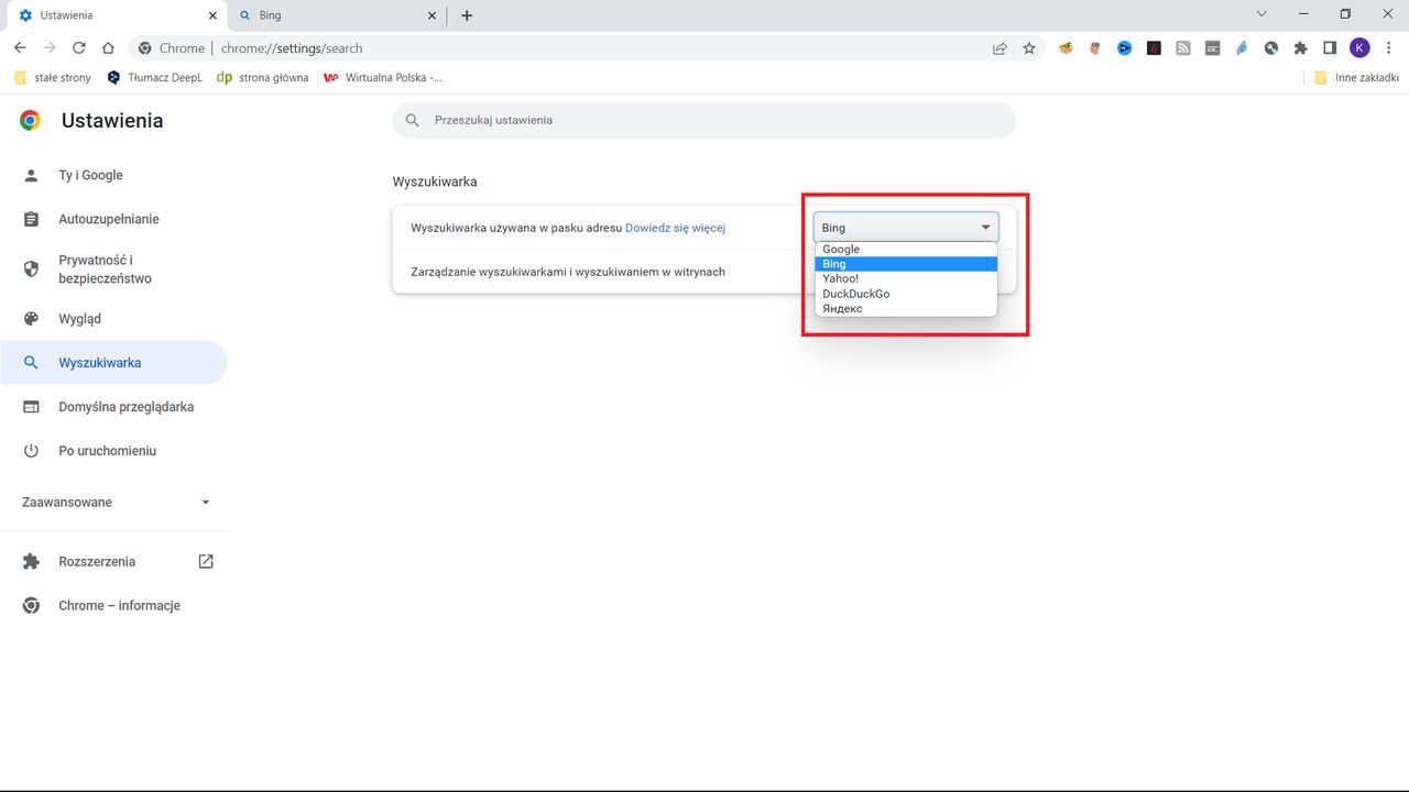Google Chrome: dostępne silniki do wyboru