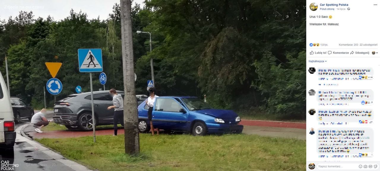 Citroën saxo poległ w spotkaniu z lamborghini urusem. Pierwsza stłuczka na polskich drogach