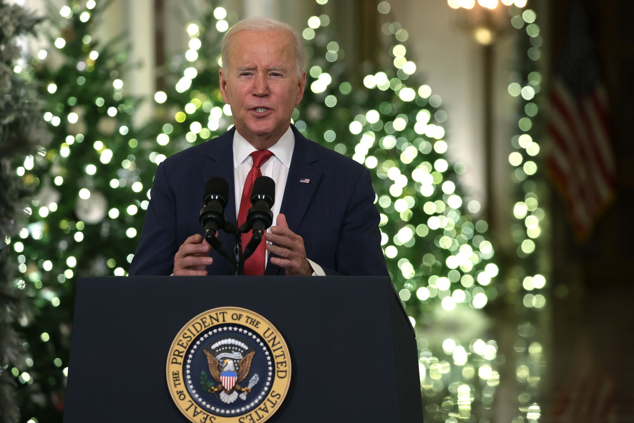 WASHINGTON, DC - DECEMBER 22: U.S. President Joe Biden speaks as he delivers a Christmas address in the East Room of the White House on December 22, 2022 in Washington, DC. President Biden gave the address to wish Americans a happy holiday. (Photo by Alex Wong/Getty Images)