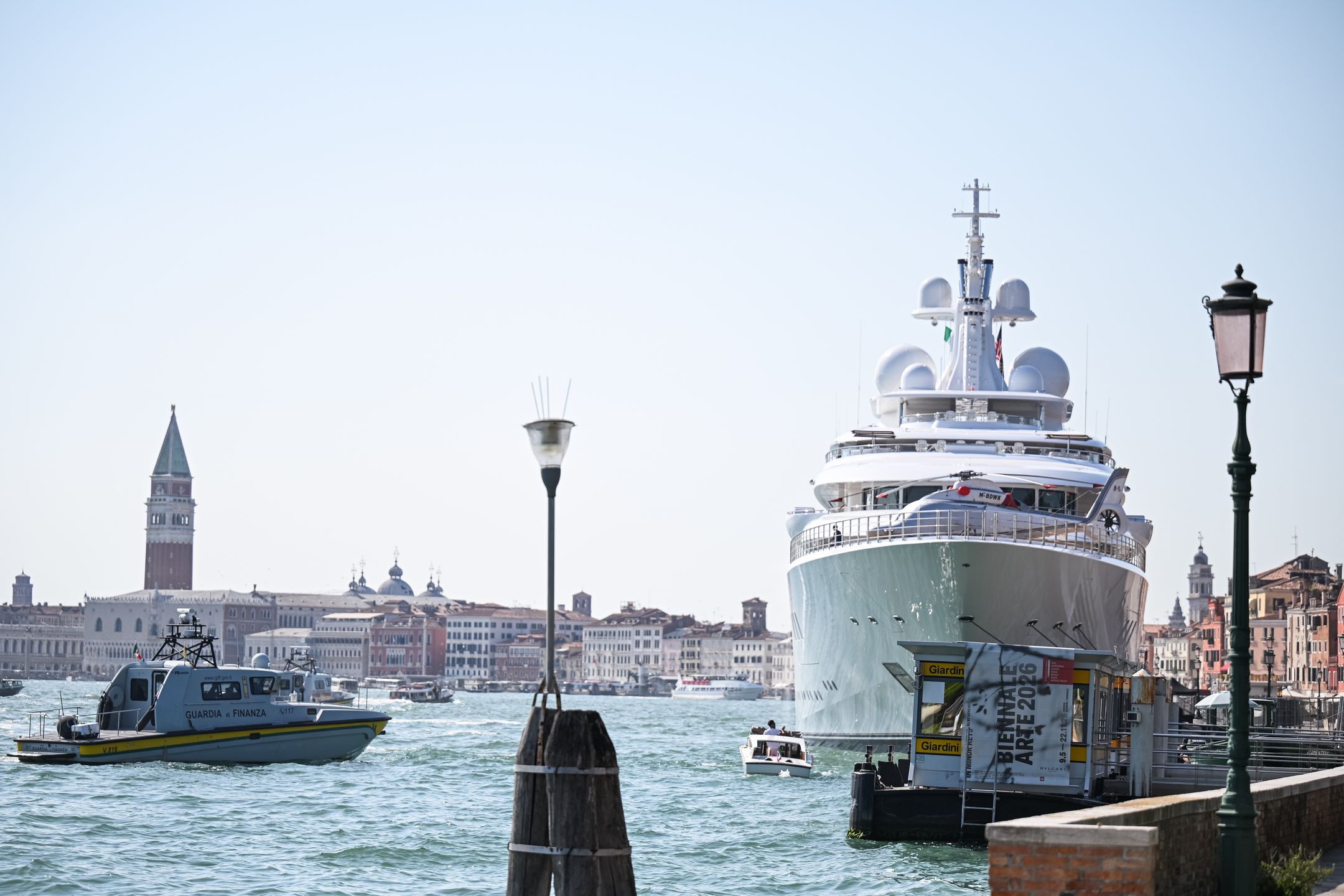 VENICE, ITALY - JULY 17: US Ambassador to Italy Tilman Fertittaâs 117-metre megayacht is seen moored  in Venice, Italy, on July 17, 2026 ahead of a protest to oppose Fertitta's visit during the city's annual Redentore festival and criticized mass tourism, the influence of billionaires on Venice, and US policies under President Donald Trump. (Photo by Piero Cruciatti/Anadolu via Getty Images)