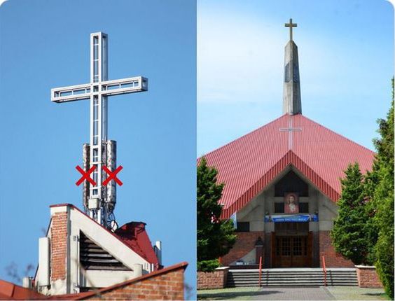 Społecznik Rafał Górski protestuje przeciwko montowaniu anten przy kościelnych krzyżach, na zdjęciu po lewej kościół na łódzkim Widzewie