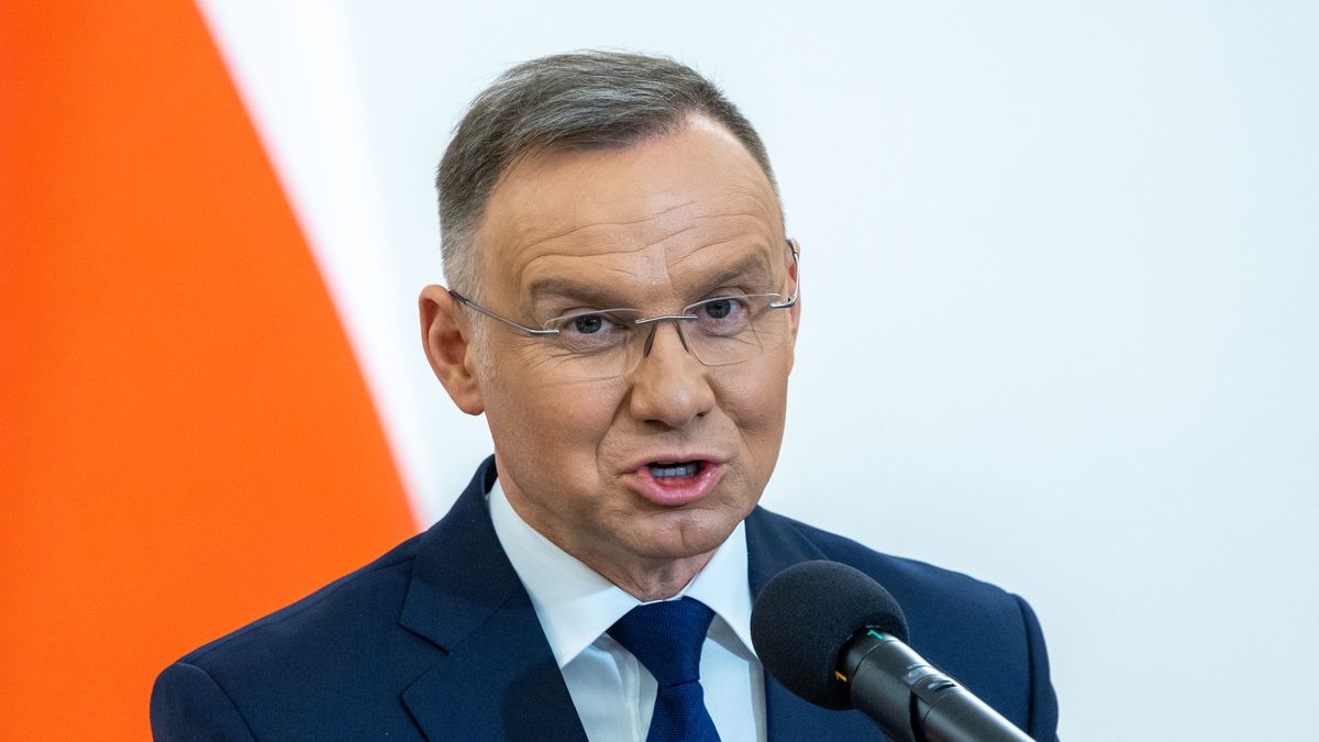 Polish President Andrzej Duda is making a statement at a joint press conference with Slovak President Zuzana Caputova in Warsaw, Poland, on April 16, 2024. (Photo by Andrzej Iwanczuk/NurPhoto via Getty Images)