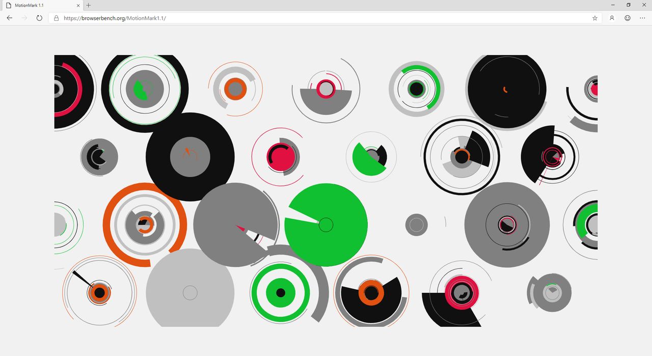 Edge z silnikiem Chromium i jedna z animacji podczas testu MotionMark 1.1.