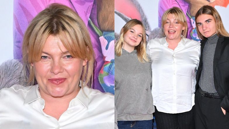 Anna Dąbrowska z dziećmi na premierze bajki