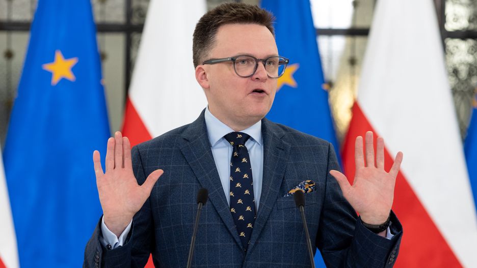 Marshal of the Sejm Szymon Holownia is speaking at a press conference in Warsaw, Poland, on February 20, 2024. (Photo by Foto Olimpik/NurPhoto via Getty Images)