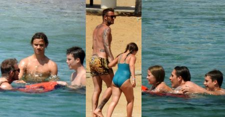 Ubrany w kąpielówki za prawie 2 TYSIĄCE ZŁOTYCH David Beckham pluska się z dziećmi podczas kolejnych wakacji (ZDJĘCIA)