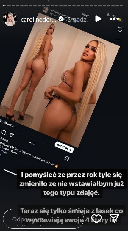 Caroline Derpienski pokazuje wyrozbierane zdjęcia i psioczy na modelki z Instagrama