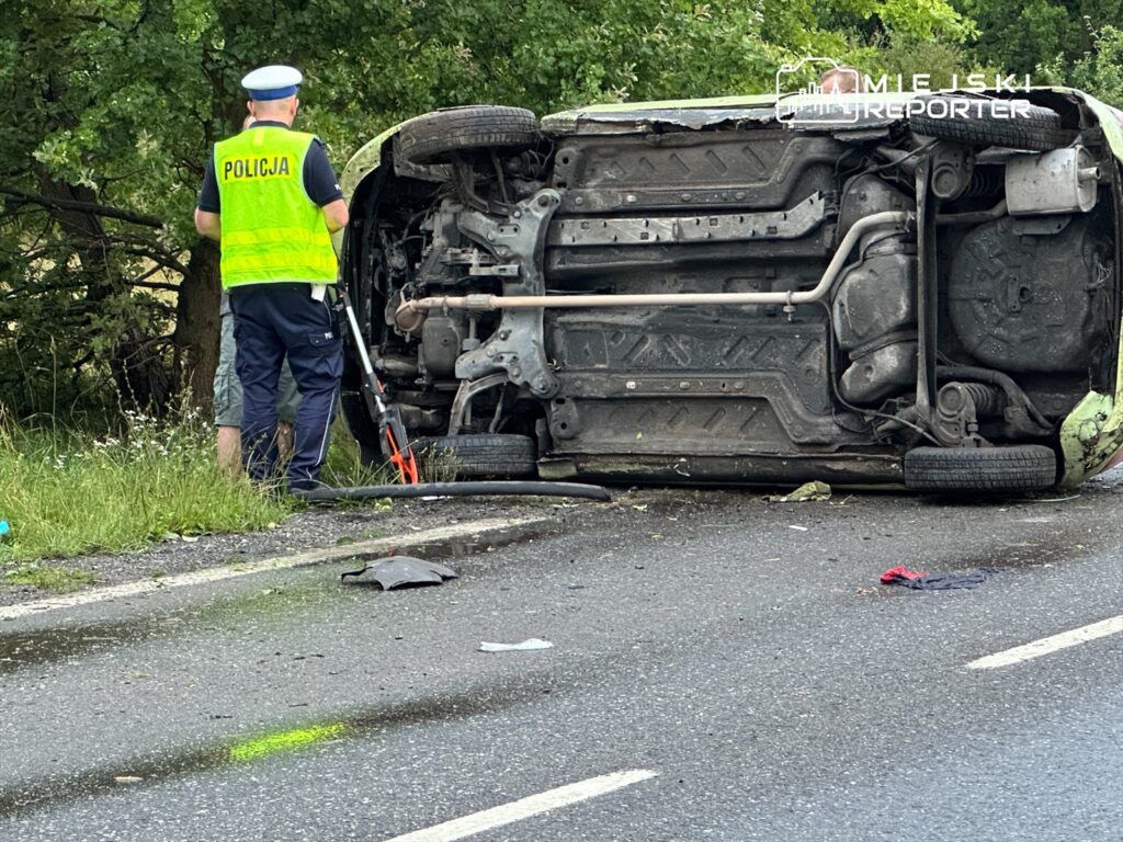 Policjant w kamizelce odblaskowej bada przewrócony samochód na poboczu drogi, otoczony zielenią.