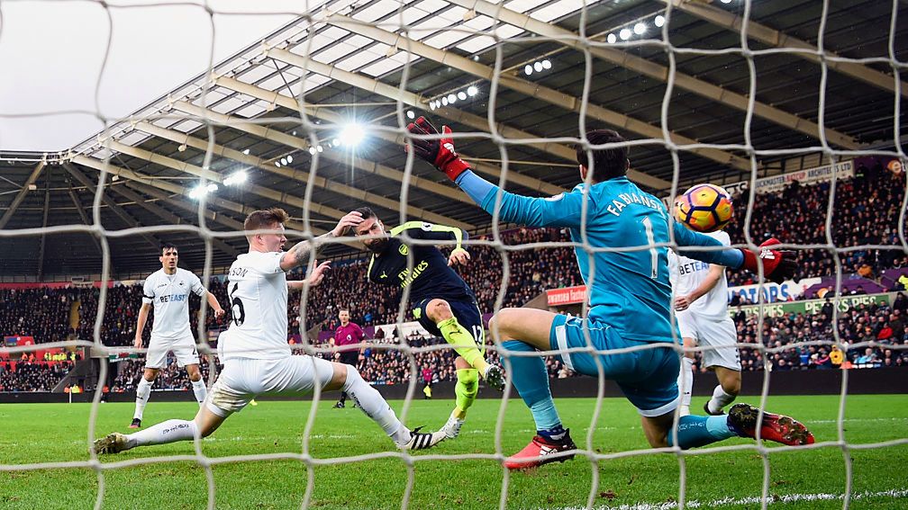 mecz Arsenal - Swansea Giroud strzela na bramkę strzeżoną przez Fabiańskiego