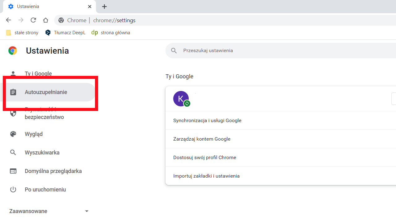 Google Chrome: menu Autouzupełnianie