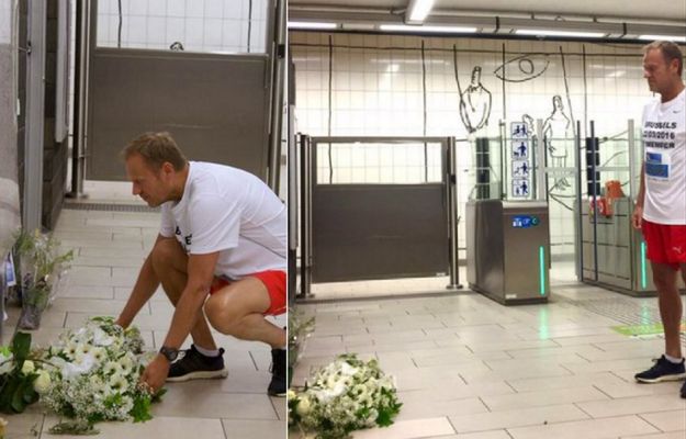 Donald Tusk w stroju do biegania złożył kwiaty w pamięci ofiar zamachu na stacji metra Maelbeek