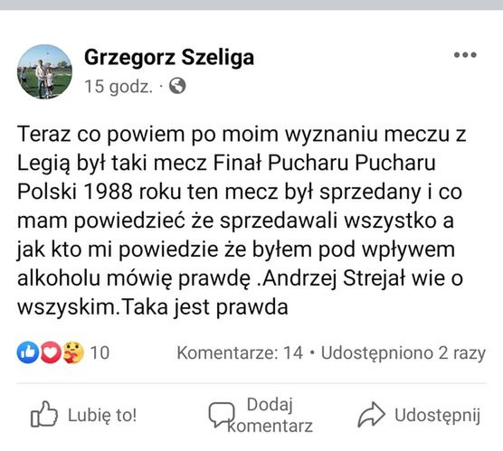 Wpis Grzegorza Szeligi na Facebooku