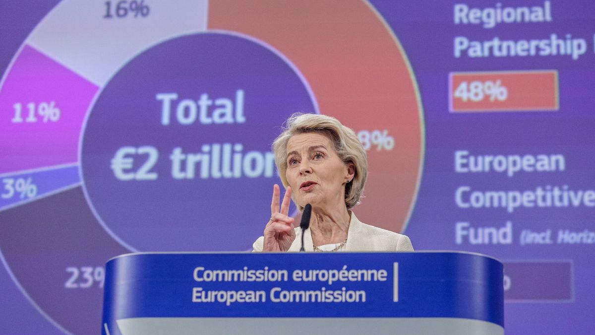 EU proposes a two-trillion euro budget
epa12241358 President of the European Commission, Ursula von der Leyen, presents the proposal for the Multiannual Financial Framework (MFF) at the EU Commission in Brussels, Belgium, 16 July 2025. The European Commission presented its proposal for the MFF, amounting to almost two trillion euros, or 1.26 percent of the EU's gross national income on average between 2028 and 2034.  EPA/OLIVIER MATTHYS 
Dostawca: PAP/EPA.
OLIVIER MATTHYS
presser, official, EU, podium, mic
