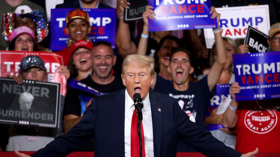 Former US President Donald Trump during a campaign event at Bojangles Coliseum in Charlotte, North Carolina, US, on Wednesday, July 24, 2024. Trump attacked Democrats on abortion, seeking to position himself as a moderate voice on the issue as he pivoted to a new general election challenger, Vice President Kamala Harris. Photographer: Travis Dove/Bloomberg via Getty Images