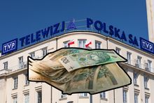 Siedziba TVP (fot. PAP/EastNews) z plikiem banknotów