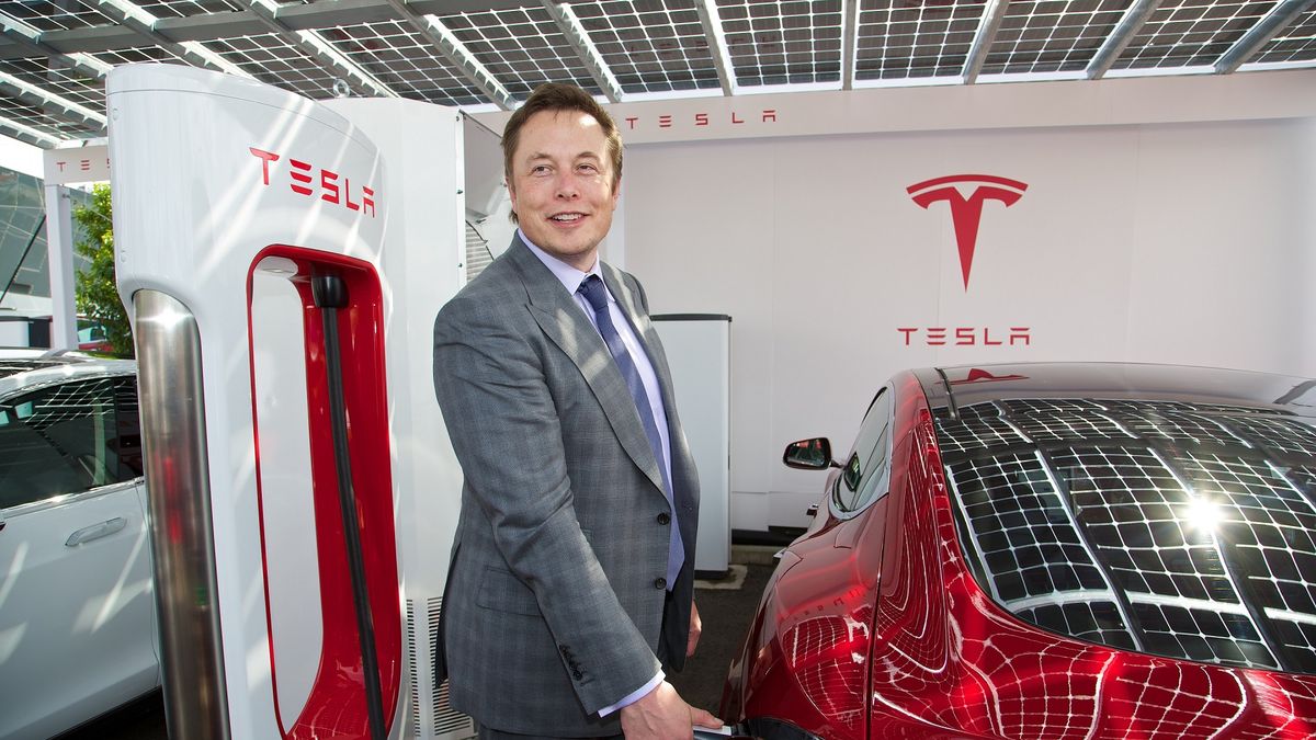 Elon Musk przy stacji Supecharger (fot. Newspress)
