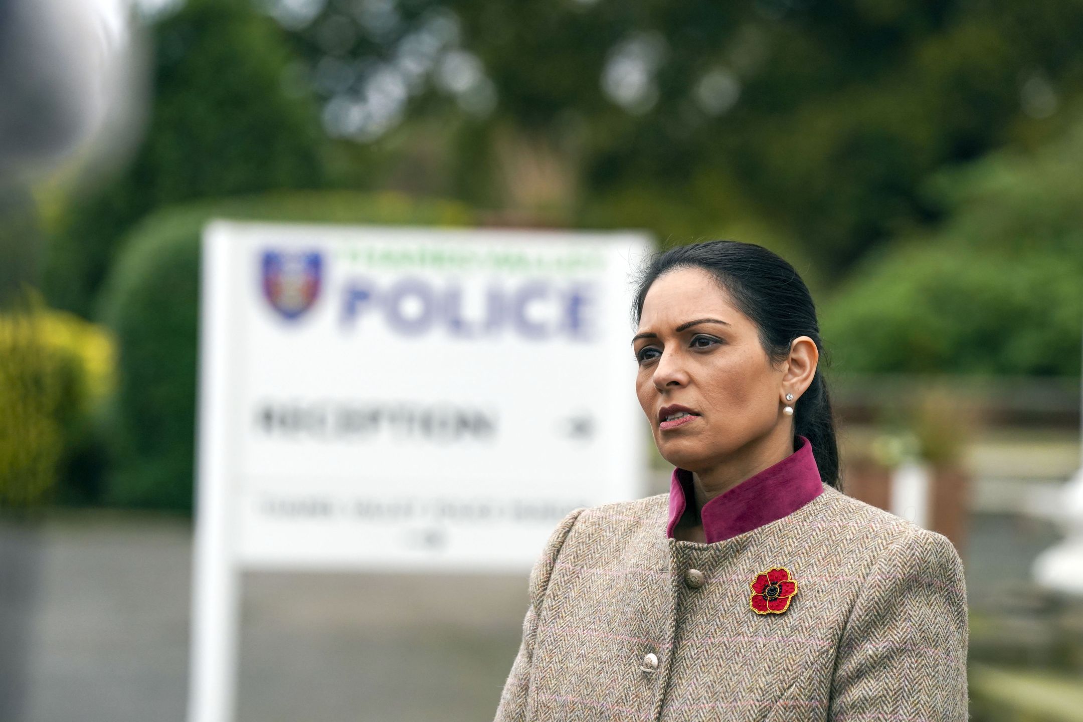 Home Secretary Priti Patel during a visit to Thames Valley Police Training Centre in Reading, following the news that over 11,000 police officers have now been hired as part of the Government pledge to recruit 20,000 extra officers by 2023. Picture date: Thursday October 28, 2021. (Photo by Steve Parsons/PA Images via Getty Images)