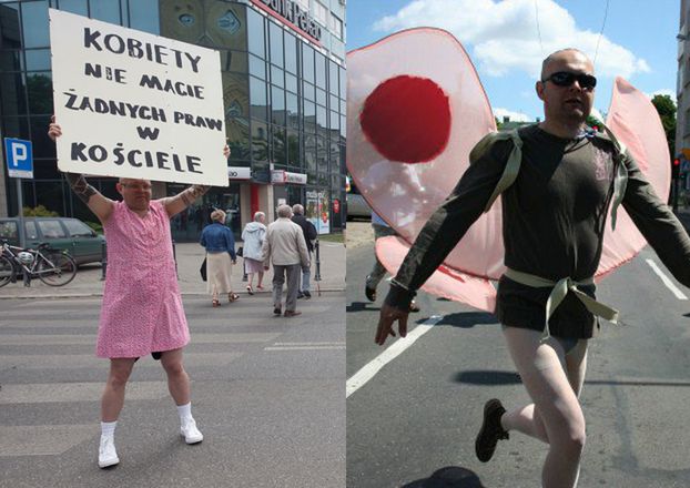 "Człowiek-motyl" jako kobieta na procesji w Łodzi! "Kobiety! Nie macie żadnych praw w Kościele"