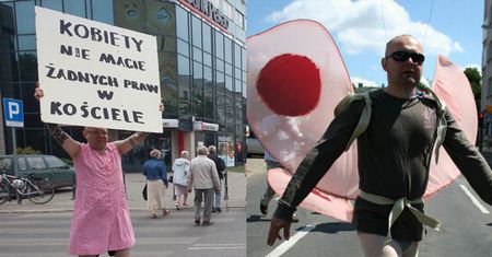 "Człowiek-motyl" jako kobieta na procesji w Łodzi! "Kobiety! Nie macie żadnych praw w Kościele"