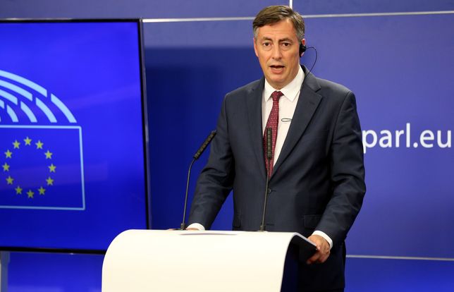 BRUSSELS, BELGIUM - JUNE 18: Chairman of the European Parliament's Foreign Affairs Committee, David McAllister, members of the European Parliament Bernd Lange (not seen), Kati Piri (not seen) and Christophe Hansen (not seen) hold a press conference titled "EU-UK future relationship" in Brussels, Belgium on June 18, 2020. (Photo by Dursun Aydemir/Anadolu Agency via Getty Images)