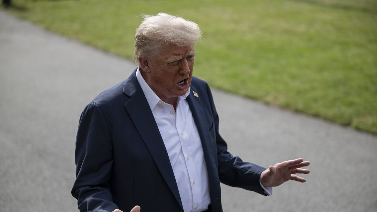 WASHINGTON DC, UNITED STATES - JULY 11: The United States President Donald Trump speaks to the members of the press before depart from the White House to route Kerrville, Texas on July 11, 2025, in Washington D.C. President Donald Trump departed for Texas on Friday to visit flood-stricken areas, calling the recent disaster "a horrible thing" during remarks to reporters before boarding Marine One. (Photo by Celal Gunes/Anadolu via Getty Images)