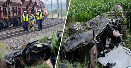 Zderzenie na przejeździe kolejowym. Z samochodu pozostał wrak