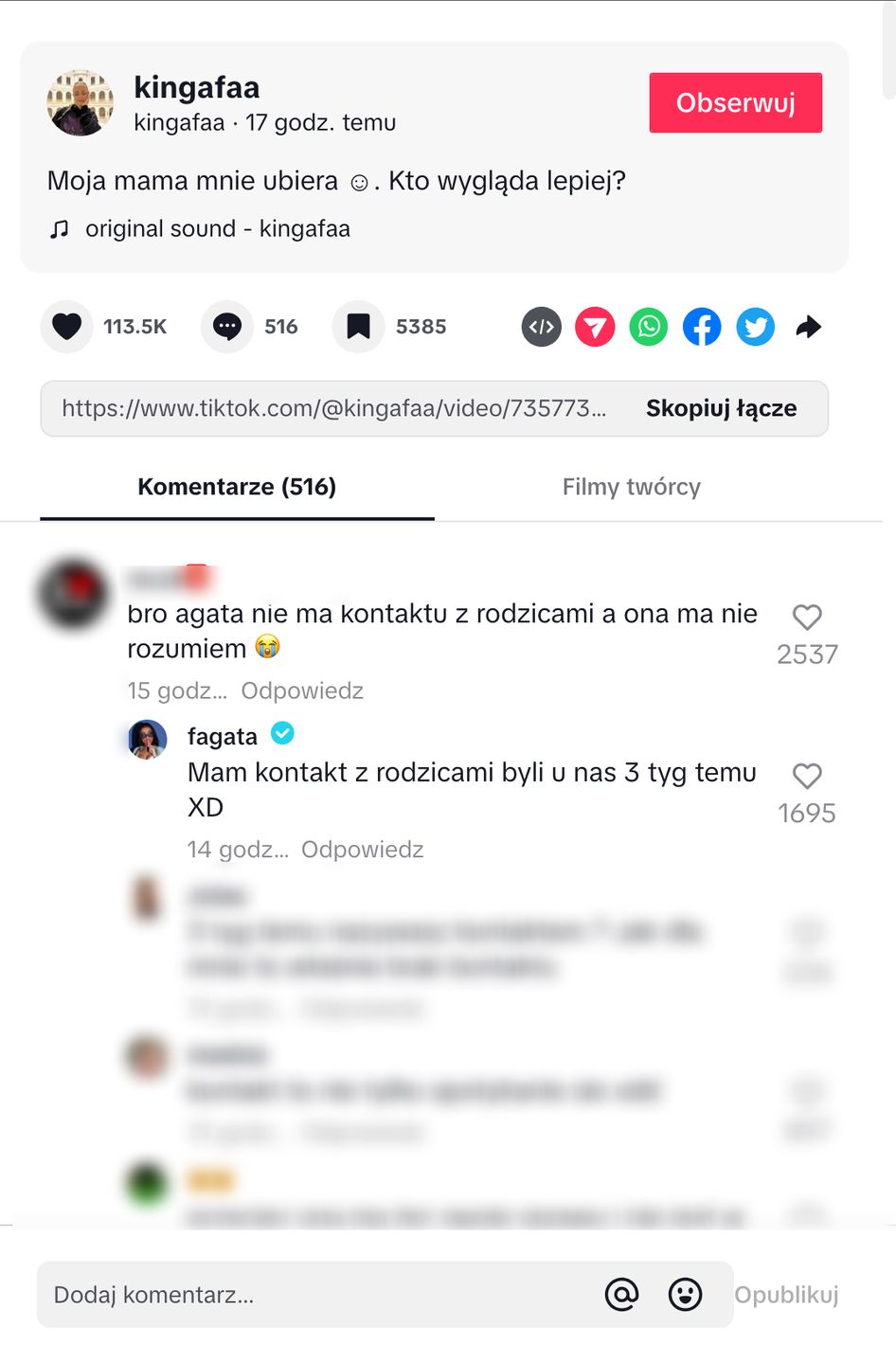 Fagata odpowiedziała na komentarz pod nagraniem siostry