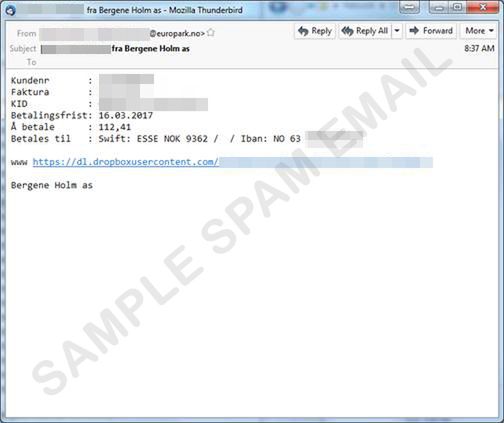Przykład wiadomości e-mail mającej na celu wprowadzenie użytkownika w błąd i przeprowadzenie ataku typu TorrentLocker