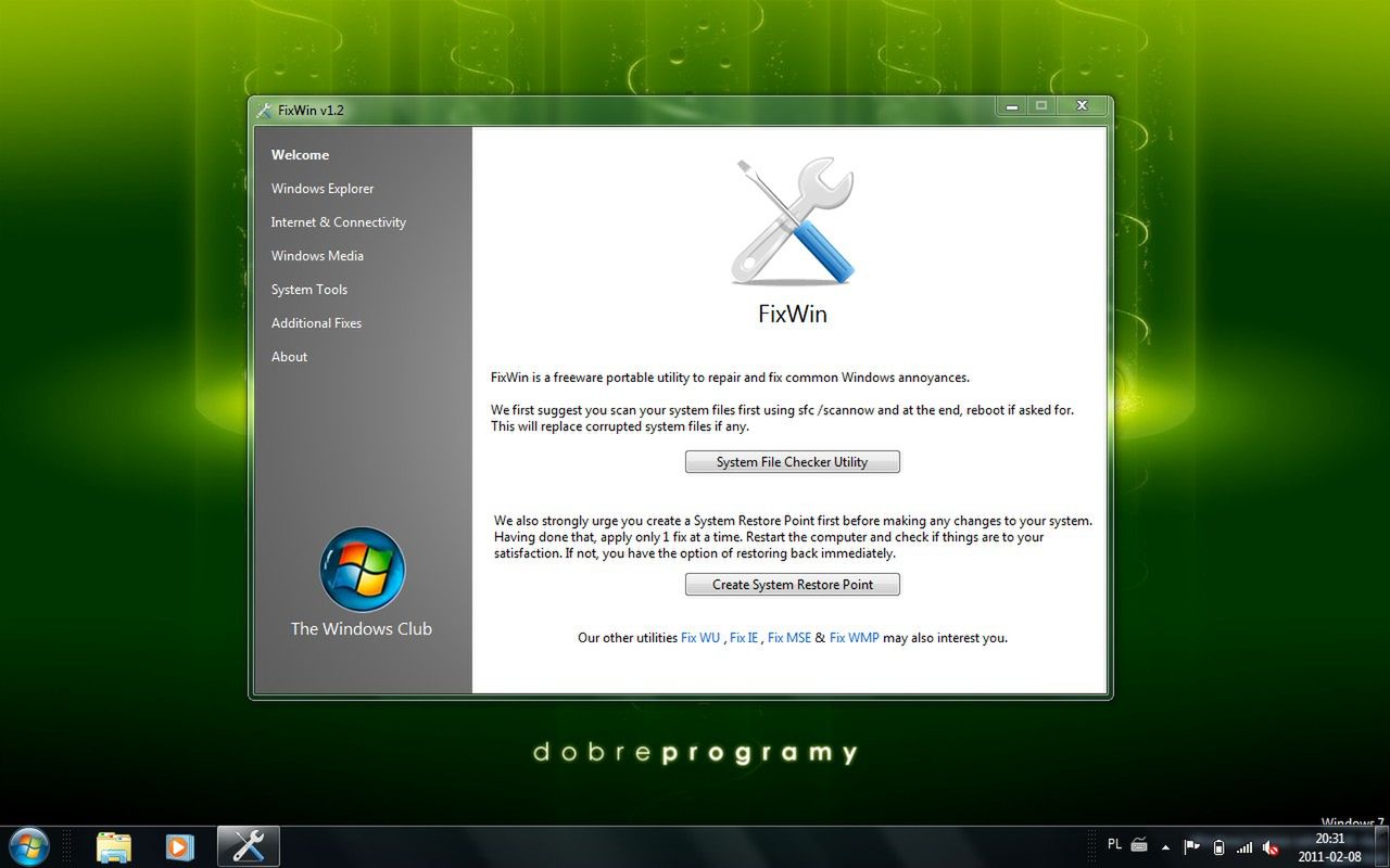 FixWin - ekran powitalny