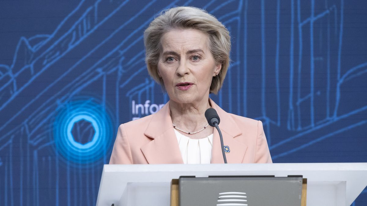 President of the European Commission Ursula von der Leyen at a joint press conference with the President of the European Council Antonio Costa and Prime Minister of Poland Donald Tusk after the Informal EU leader's retreat at Egmont Palace. Justus Lipsius building, Brussels, Belgium on February 3, 2025 (Photo by Nicolas Economou/NurPhoto via Getty Images)