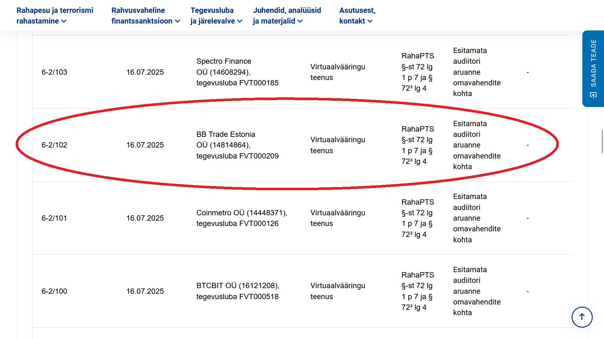 Zrzut ekranu z wpisaną na listę estońskiego Biura ds. Prania Pieniędzy firmą BB Trade Estonia OÜ