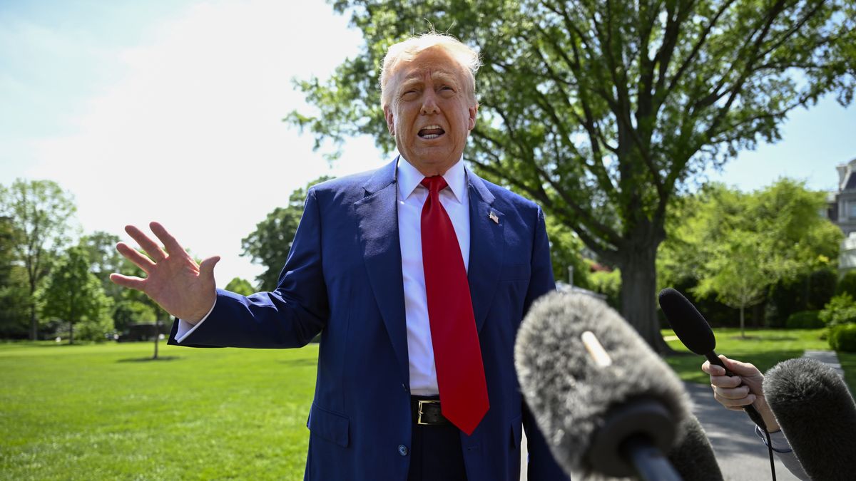 WASHINGTON, DC - APRIL 29: President Trump talks with reporters before he departs for late afternoon day trip to Detroit from the South Lawn at the White House in Washington, DC on April 29, 2025. (Photo by John McDonnell/For The Washington Post via Getty Images)
