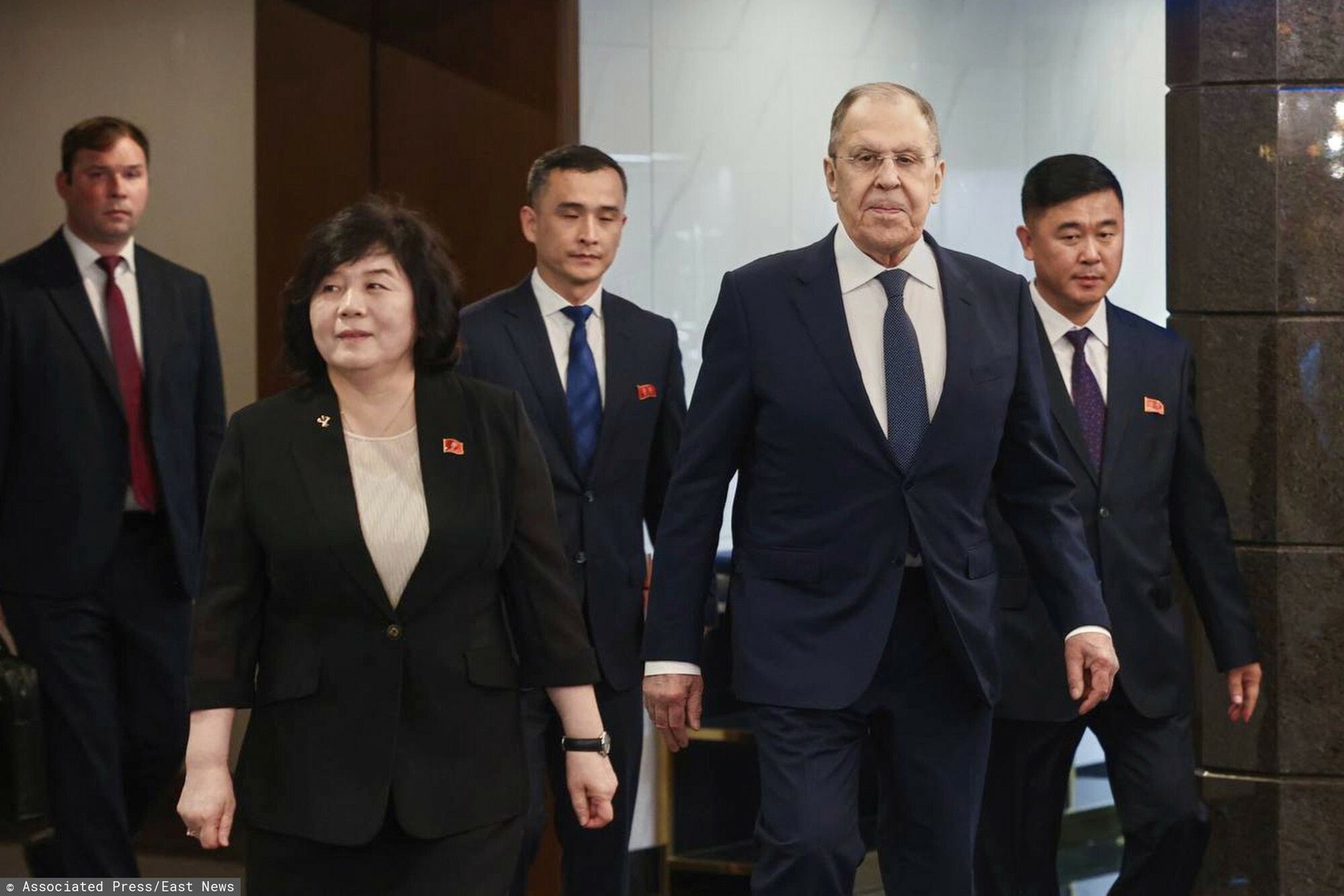 Temporary
In this photo released by Russian Foreign Ministry Press Service, Russian Foreign Minister Sergey Lavrov, right, and North Korean Foreign Minister Choe Son Hui, left, walk to attend an official reception of the DPRK Government following their talks in Wonsan, North Korea, on Saturday, July 12, 2025. (Russian Foreign Ministry Press Service via AP)