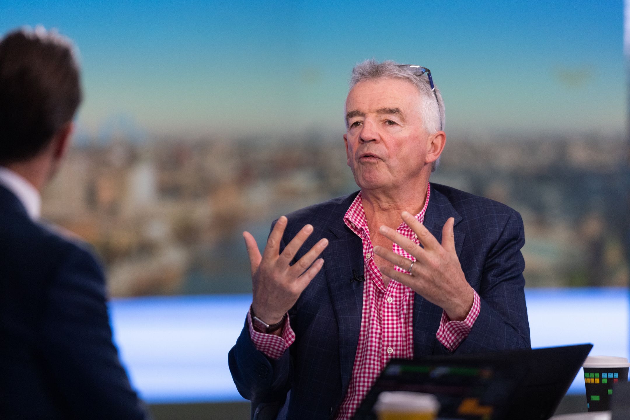 Michael O'Leary, chief executive officer of Ryanair Holdings Plc, during a Bloomberg Television interview in London, UK, on Monday, May 19, 2025. Ryanair said profit growth this year will depend on working through the risk of tariff wars, geopolitical conflicts and macro-economic blows. Photographer: Chris Ratcliffe/Bloomberg via Getty Images