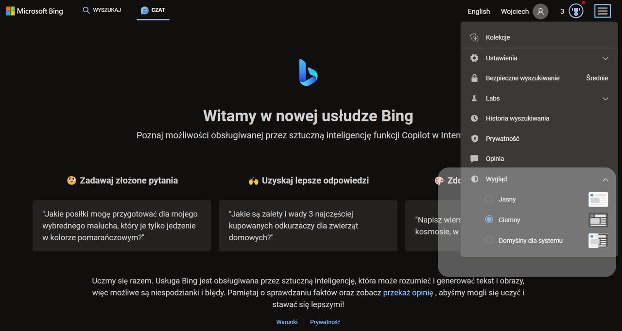 Zmiana wyglądu w Bing Chat