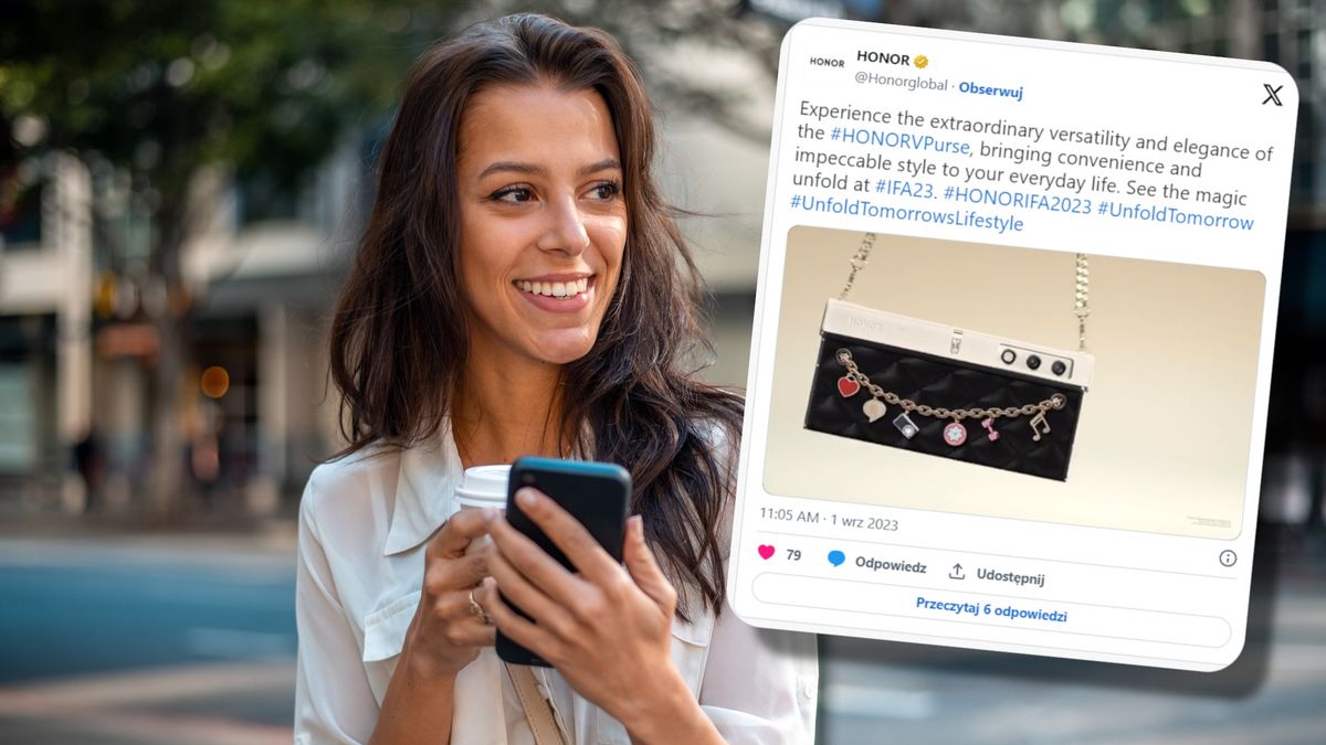 Koncepcyjny model smartfona Honor, który imituje torebkę