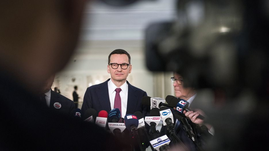 WARSAW, POLAND - 2024/01/18: Mateusz Morawiecki, former PM and member of Law and Justice (PiS) party speaks at a press conference at the Sejm - Lower House of Parliament. Continuation of the third session of the Lower House of Polish Parliament (Sejm) of the 10th term. (Photo by Attila Husejnow/SOPA Images/LightRocket via Getty Images)